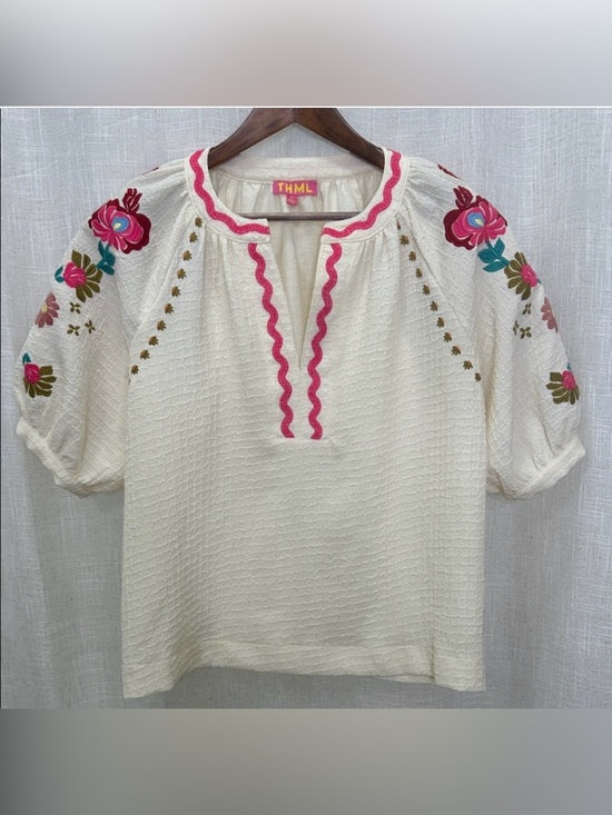 THML Tops - THML Cream Peasant Blouse with Pink & Multicolor Floral Embroidery Size Medium